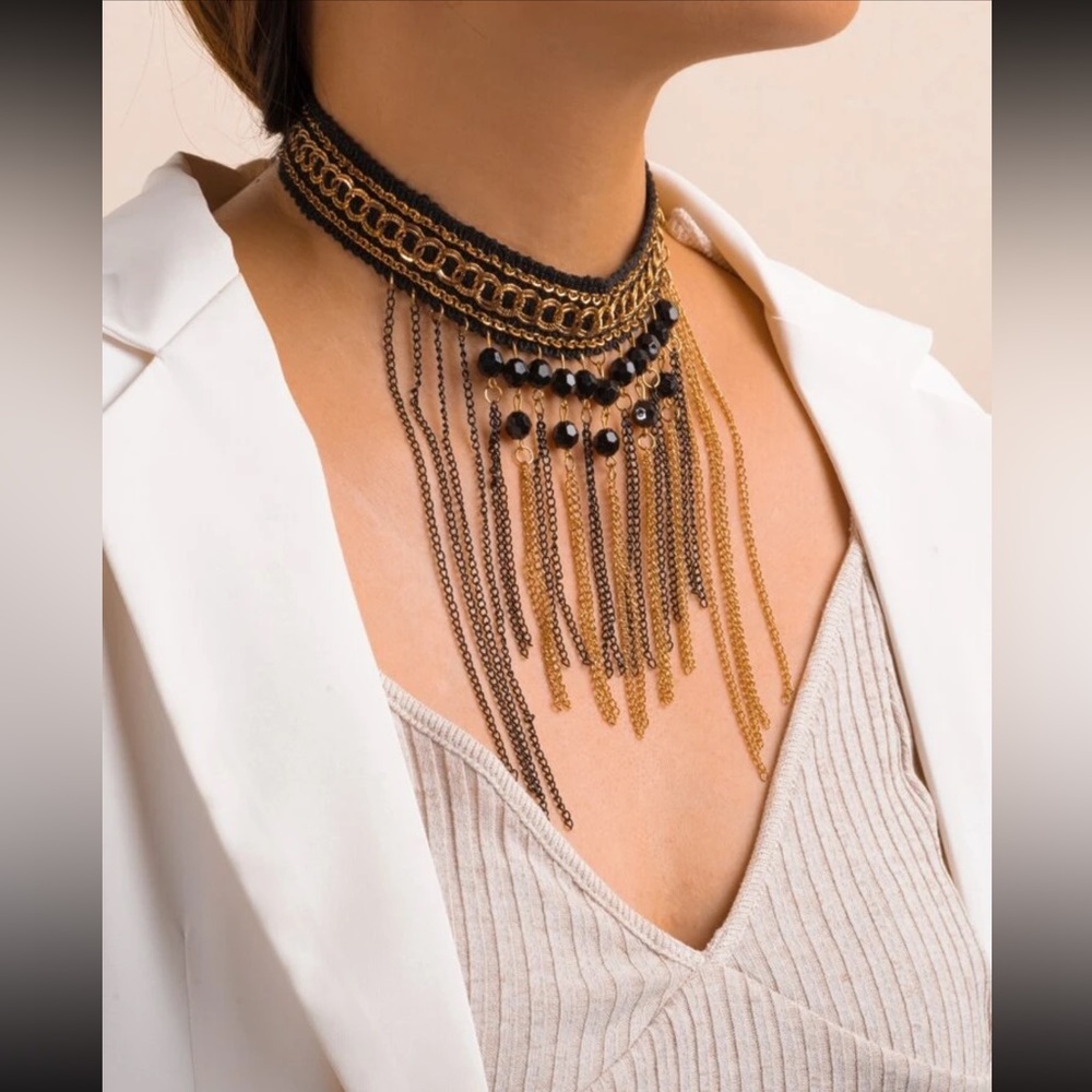 ⭐️ Chainlink Tassel Beaded Cascading Chains Cuban Chain Choker ⭐️